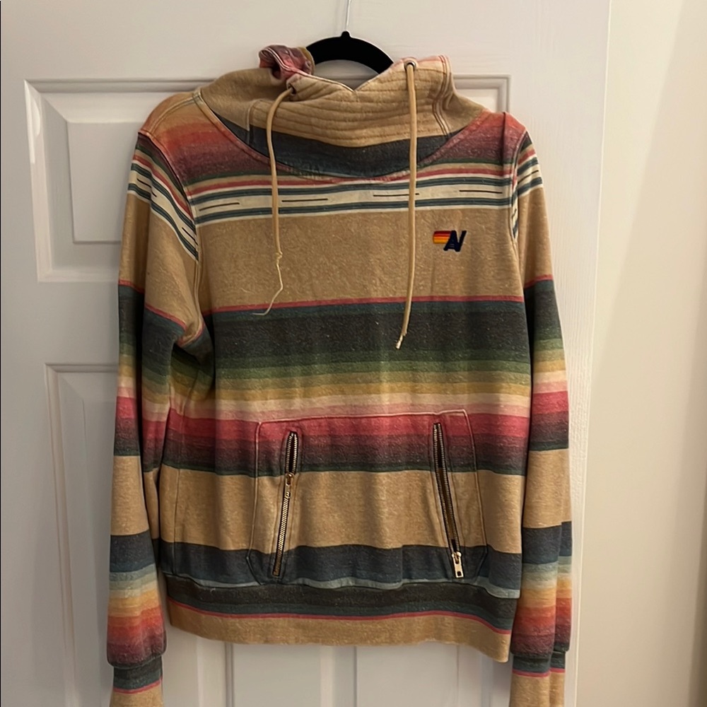 Aviator Nation Tan and Multicolor Striped Hoodie